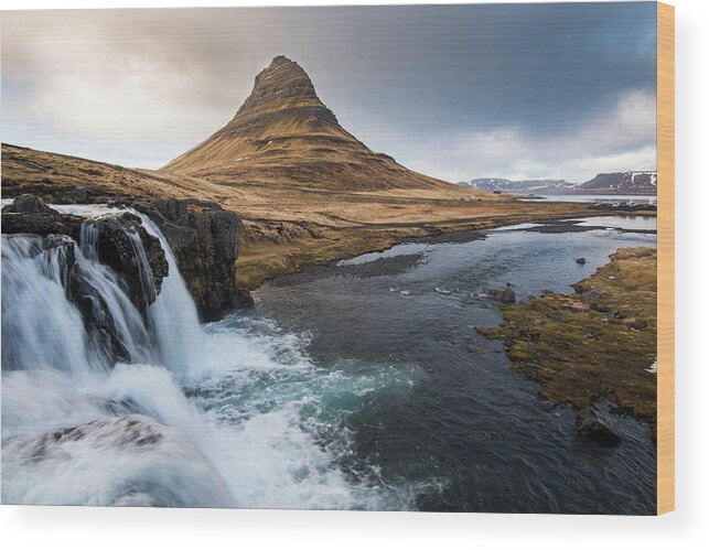 Iceland Wood Print featuring the photograph Kirkjufell mountain and the kirkjufellfoss waterfall in Iceland #2 by Michalakis Ppalis