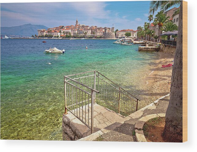 Korcula Wood Print featuring the photograph Korcula. Historic town of Korcula island waterfront view #1 by Brch Photography