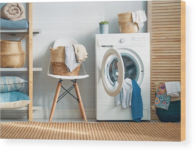 Home Decor Wood Print featuring the photograph Laundry Room With A Washing Machine #1 by Choreograph