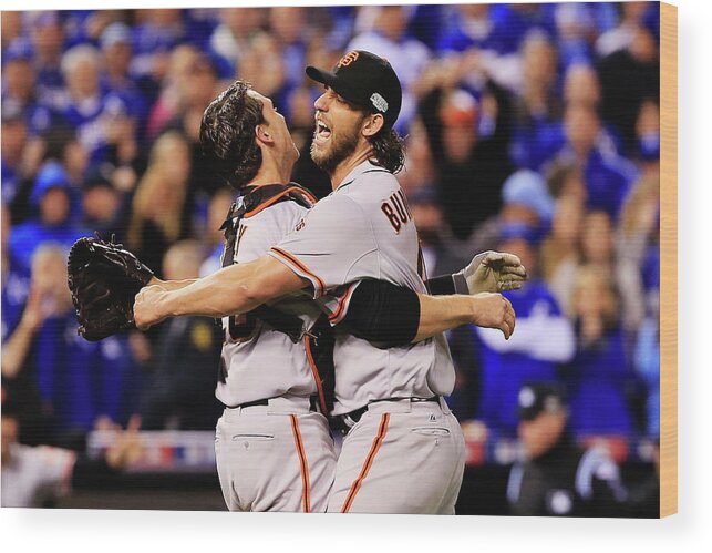 People Wood Print featuring the photograph Madison Bumgarner and Buster Posey by Jamie Squire