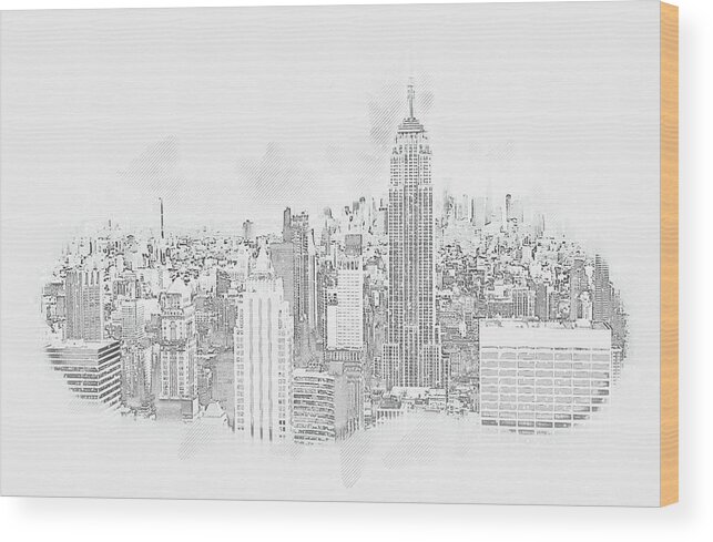 New York Wood Print featuring the digital art New York City skyline with skyscrapers, pencil drawing by Maria Kray