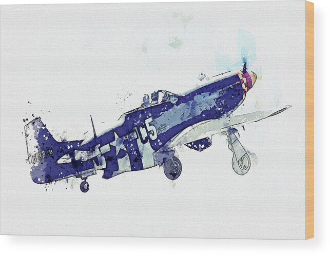 Plane Wood Print featuring the painting North American P-D Mustang FG USAAF Frenesi Vintage Aircraft - Classic War Birds - Planes watercolor #1 by Celestial Images
