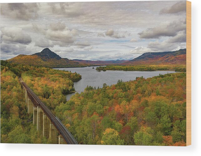 #fall#autumn#birchtrees#maine#landscape#color#train#trestle#bore Wood Print featuring the photograph Onawa Trestle Fall #1 by Darylann Leonard Photography
