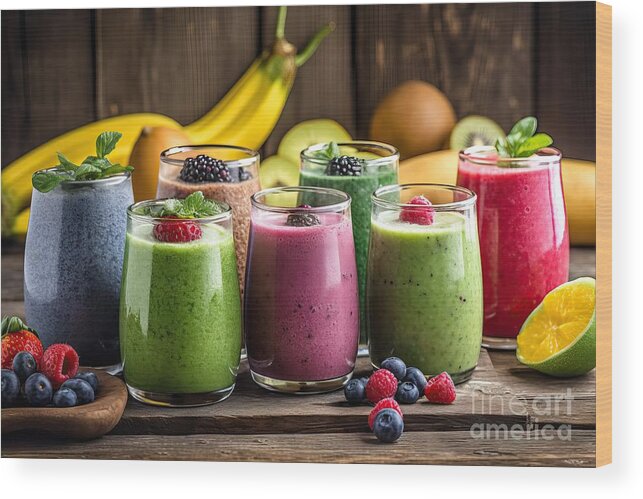 Smoothie Wood Print featuring the painting premium Selection of colourful smoothies on rustic wood background #1 by N Akkash