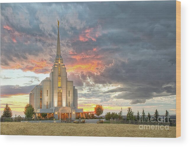 Cathedral Wood Print featuring the photograph Rexburg Idaho Temple Harvest Sunset #1 by Bret Barton