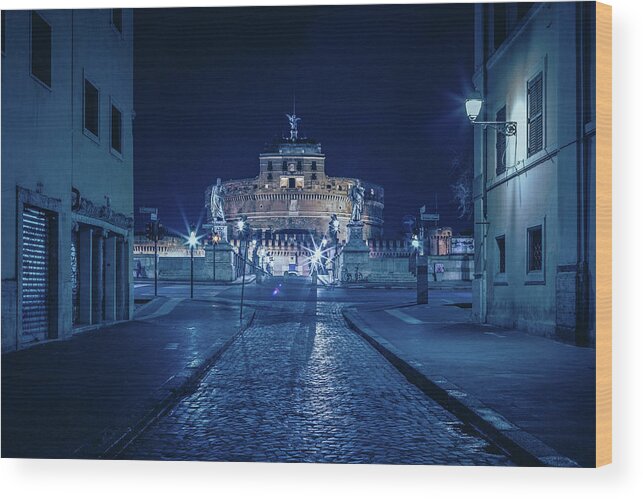Archangel Wood Print featuring the photograph Rome and the Castel Sant'Angelo at night #1 by Benoit Bruchez