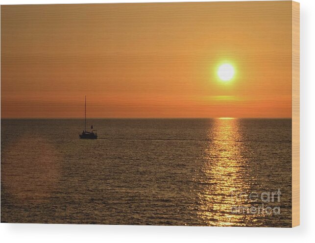 Sea Wood Print featuring the photograph Sail boat cruises on Black Sea as sun sets on horizon Batumi Georgia #2 by Imran Ahmed
