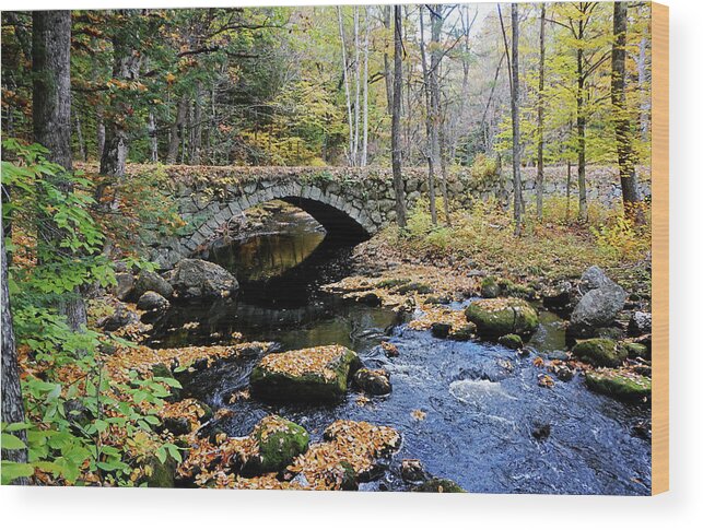 Stone Arch Autumn New England Hampshire Nh Bridge Water Stream Trout Fishing Leaves Foliage Fall Brook Wood Print featuring the photograph Stone Arch Bridge in Autumn by Wayne Marshall Chase