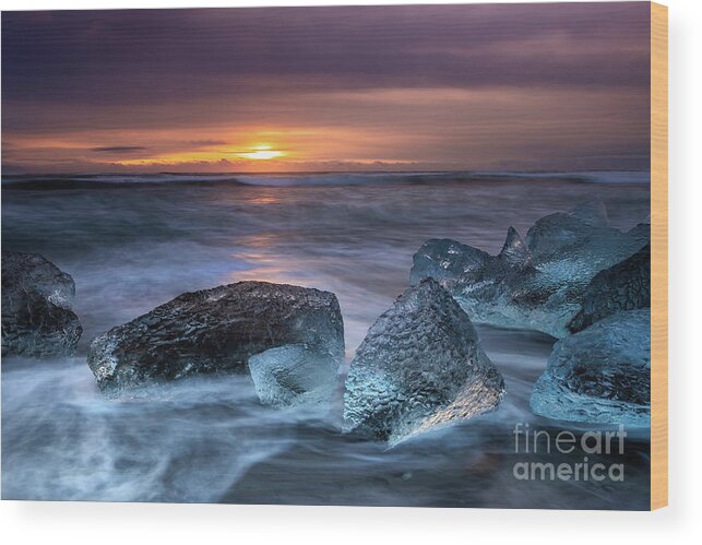 Beach Wood Print featuring the photograph Sunrise on Diamond Beach, Southeast Iceland. #1 by Jane Rix