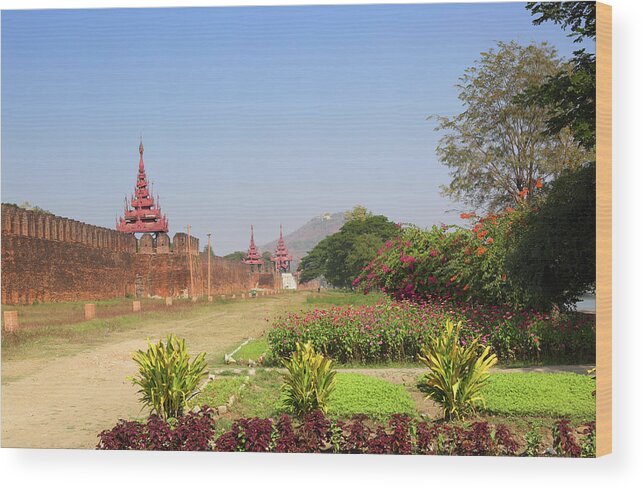 Mandalay Wood Print featuring the photograph Wall of Royal Palace and Mandalay Hill #1 by Mikhail Kokhanchikov