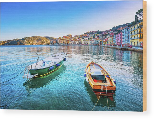 Porto Wood Print featuring the photograph Wooden small boats in Porto Santo Stefano seafront. Argentario, #1 by Stefano Orazzini
