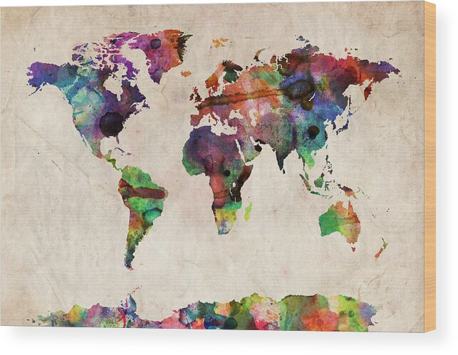 Map Of The World Wood Print featuring the digital art World Map Urban Watercolor #1 by Michael Tompsett