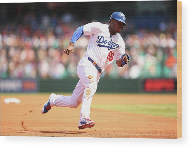 Los Angeles Dodgers Wood Print featuring the photograph Yasiel Puig by Brendon Thorne