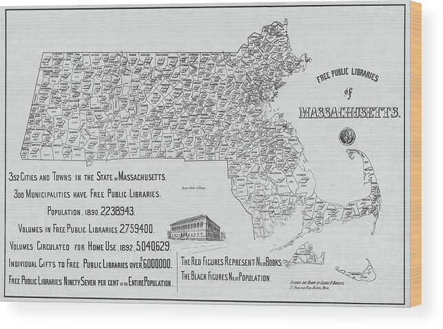Massachusetts Wood Print featuring the photograph 1892 Free Libraries map Massachusetts in black and white by Toby McGuire