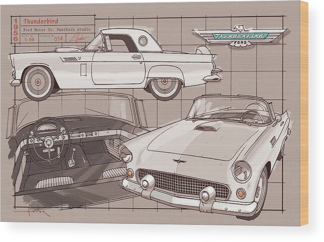 1956 Wood Print featuring the drawing 1956 Thunderbird white on black by Larry Hunter