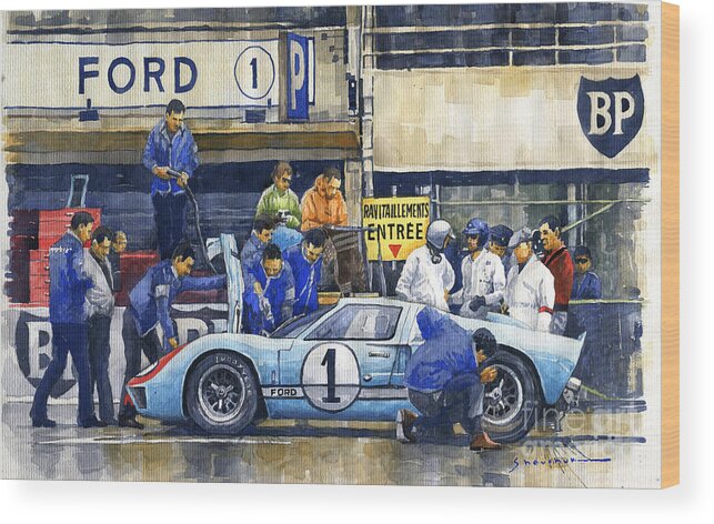 Shevchukart Wood Print featuring the painting 1966 Le Mans 24 Pit Stop Ford GT40 MkII Ken Miles Denny Hulme by Yuriy Shevchuk
