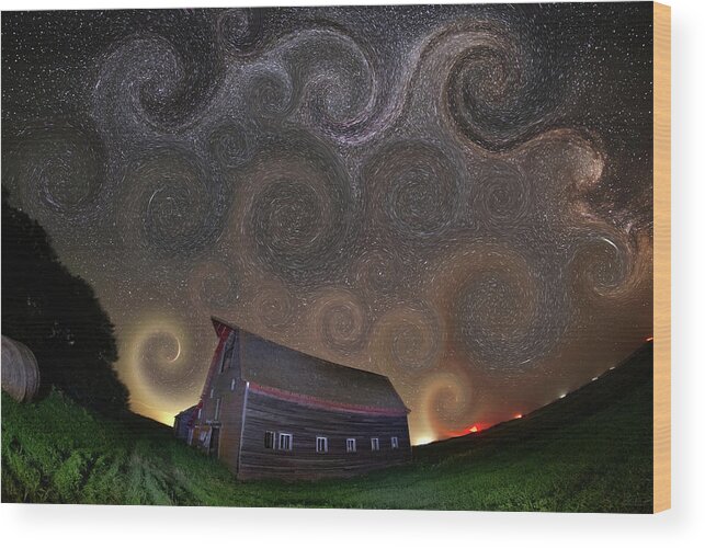 Starry Night Wood Print featuring the photograph A Starry Night at the Blackmore Barn - milky way and barn in rural ND #2 by Peter Herman