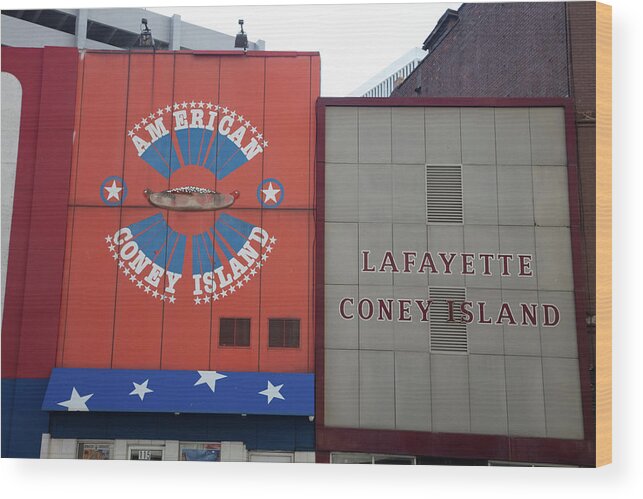 Lafayette Coney Detroit Wood Print featuring the photograph American and Lafayette Coney Island in Detroit Michigan by Eldon McGraw