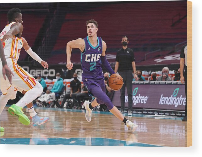 Lamelo Ball Wood Print featuring the photograph Atlanta Hawks v Charlotte Hornets by Brock Williams-Smith