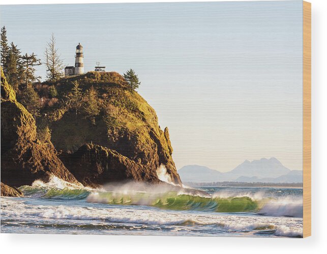 Outdoor; Sunset; Light House; Wave; Cliff; Columbia River; Washington Beauty; Cape Disappointment State Park; Pnw; Wood Print featuring the digital art Cape Disappointment Lighthouse #2 by Michael Lee