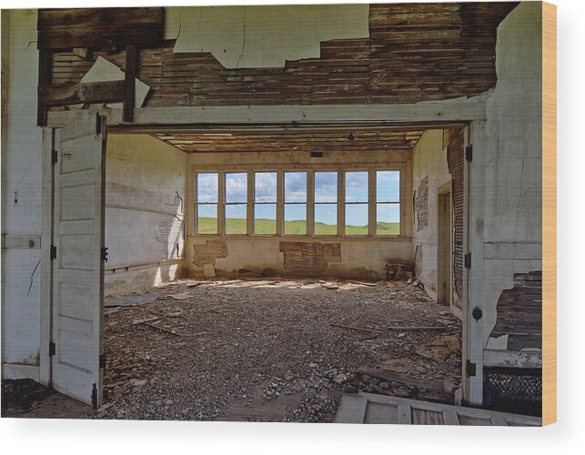 Charbonneau Wood Print featuring the photograph Charbonneau ND Series - Schoolhouse Daydreaming window view by Peter Herman
