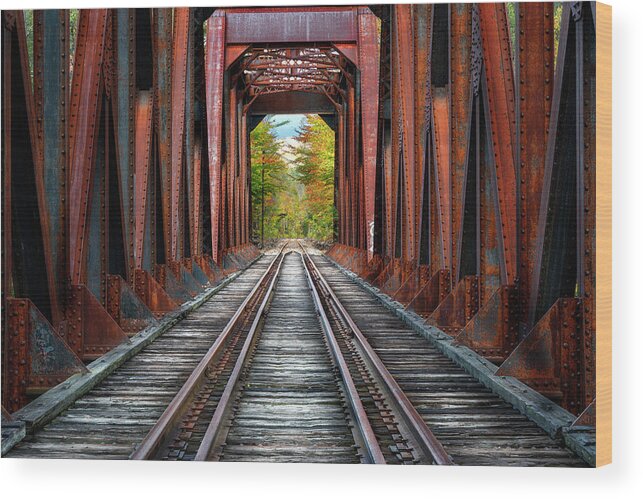 #railroadtracks#newhampshire#fall#landscape#mountains#train#trees Wood Print featuring the photograph Down the Tracks #2 by Darylann Leonard Photography