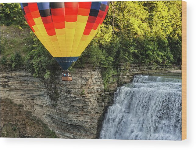 Hot Air Balloon Wood Print featuring the photograph Hot Air Ballooning Over The Middle Falls At Letchworth State Par #2 by Jim Vallee