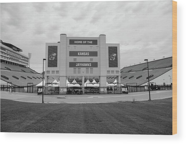Kansas Jayhawks Stadium Wood Print featuring the photograph Kansas Jayhawks football stadium in black and white by Eldon McGraw