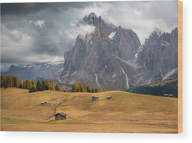 Alpe Di Siusi Wood Print featuring the photograph Landscape with beautiful autumn meadow field and the amazing Dolomite rocky peaks. Valley of Alpe di siusi Seiser Alm South Tyrol Italy. #2 by Michalakis Ppalis