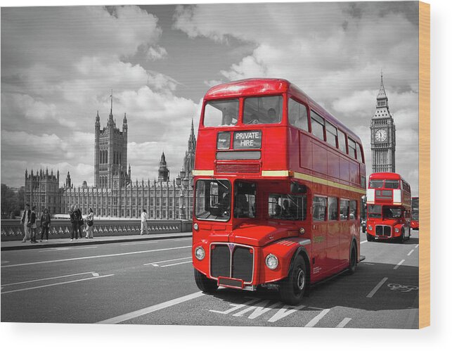 British Wood Print featuring the photograph London - Houses of Parliament and Red Buses #1 by Melanie Viola