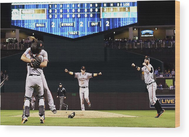 People Wood Print featuring the photograph Madison Bumgarner and Buster Posey by Jamie Squire