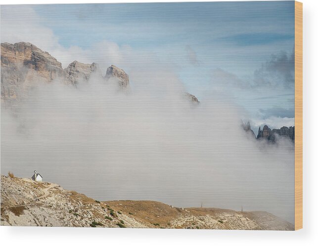 Tre Cime Wood Print featuring the photograph Mountain landscape with fog in autumn. Tre Cime dolomiti Italy. by Michalakis Ppalis