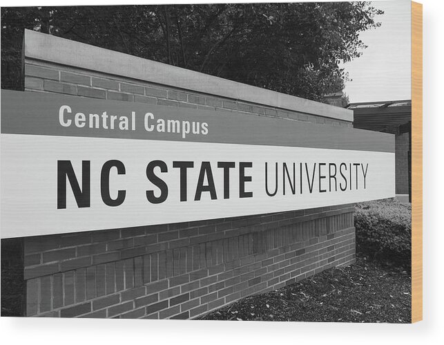 College Tour Wood Print featuring the photograph North Carolina Statue University entrance sign in black and white #2 by Eldon McGraw