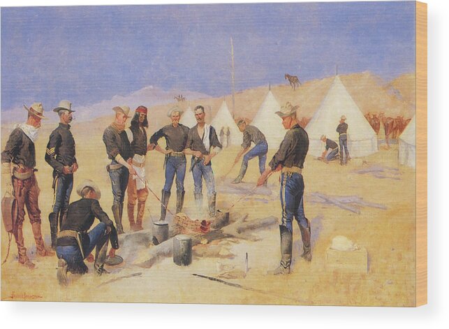 Frederic Remington Wood Print featuring the painting Roasting the Christmas Beef in a Cavalry Camp #2 by Frederic Remington