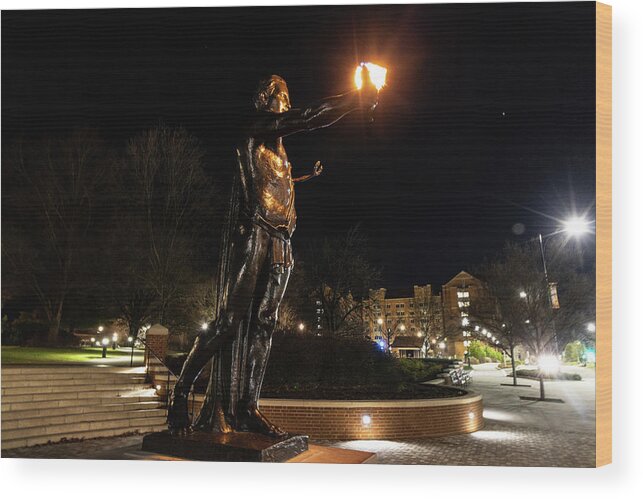 University Of Tennessee At Night Wood Print featuring the photograph Torchbearer statue at the University of Tennessee at night #2 by Eldon McGraw