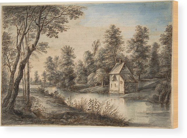 Lucas Van Uden Wood Print featuring the drawing Wooded Landscape with a House beside a River by Lucas van Uden