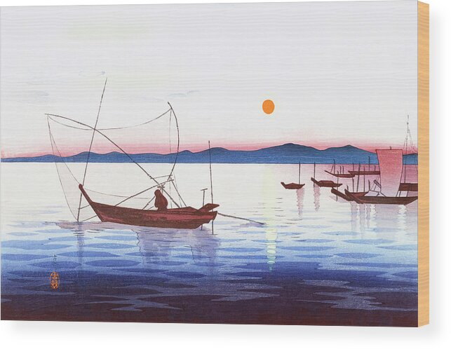Ohara Koson Wood Print featuring the painting Boats and setting sun by Ohara Koson by Mango Art