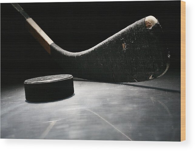 Ice Rink Wood Print featuring the photograph Hockey Stick & Puck #3 by Walik