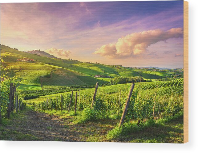 Vineyards Wood Print featuring the photograph Langhe vineyards view, Barolo and La Morra, Piedmont, Italy Euro by Stefano Orazzini