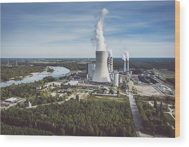 Aerial Wood Print featuring the photograph Power station under moody cloudy sky #4 by Lukasz Szczepanski