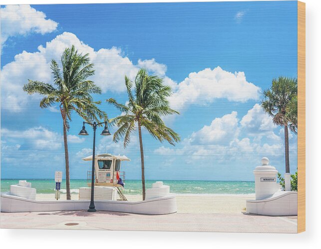 Fort Lauderdale Wood Print featuring the photograph Seafront beach promenade with palm trees on a sunny day in Fort Lauderdale by Maria Kray