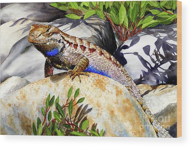Lizard Wood Print featuring the painting #408 Western Fence Lizard #408 by William Lum