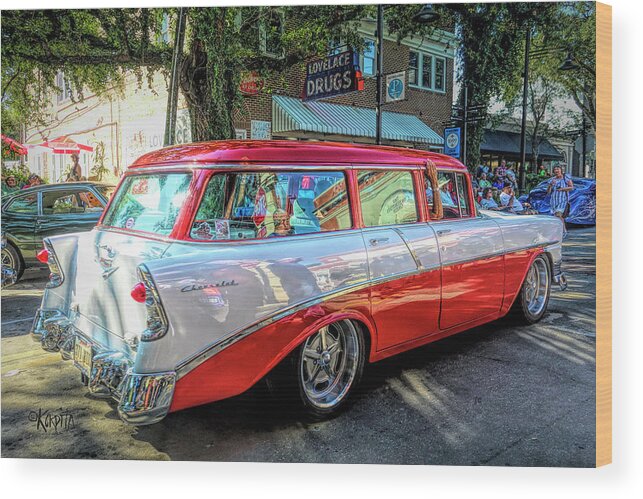56 Chevy Station Wagon Wood Print featuring the digital art 56 Chevy Station Wagon - Cruising the Coast by Rebecca Korpita