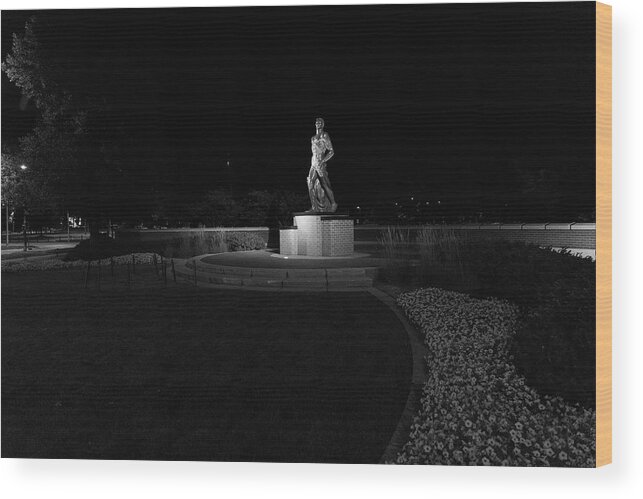 Spartan Staue Night Wood Print featuring the photograph Spartan statue at night on the campus of Michigan State University in East Lansing Michigan #7 by Eldon McGraw