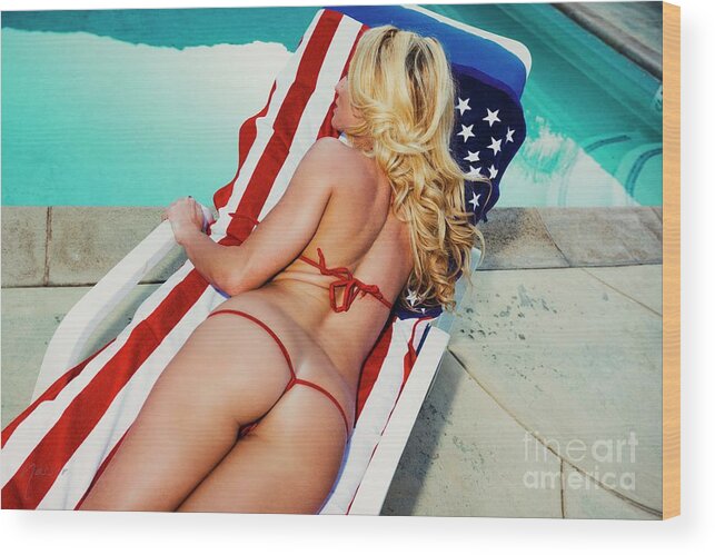 America 4th Of July Wood Print featuring the photograph 9060 Piper Precious Poolside and American Flag by Amyn Nasser Fashion Photographer