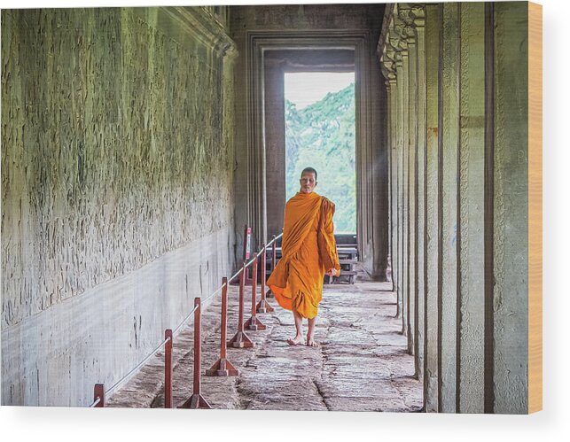Angkor Wat Photography Wood Print featuring the photograph A Buddhist Walk by Marla Brown