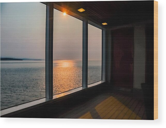 Ship Wood Print featuring the photograph A Cruise Ship Window Sunset by Ed Williams
