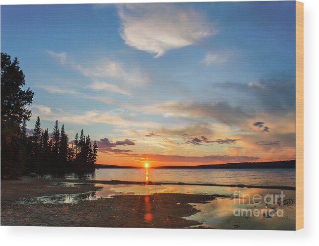 Landscape Wood Print featuring the photograph A delightful summer sunset on lake Waskesiu in Canada by Viktor Birkus