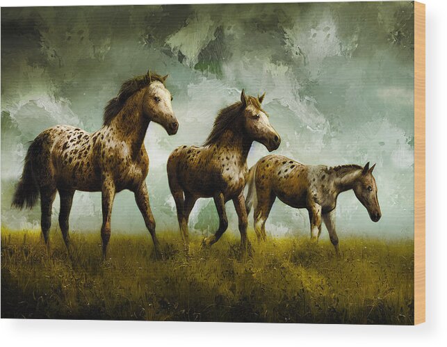 Appaloosa Wood Print featuring the digital art A group of appaloosa horses on pasture - digital painting by Nicko Prints