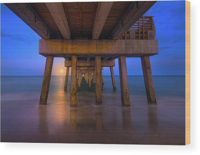 Moon Wood Print featuring the photograph A Moonrise Under the Pier by Mark Andrew Thomas